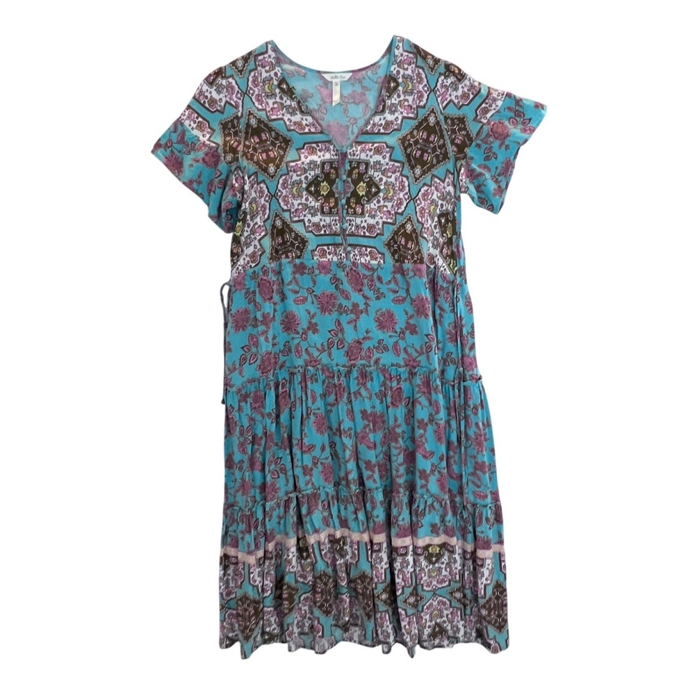 Matilda Jane Down to Earth M Turquoise Pink Floral Tiered Rayon Midi Dress